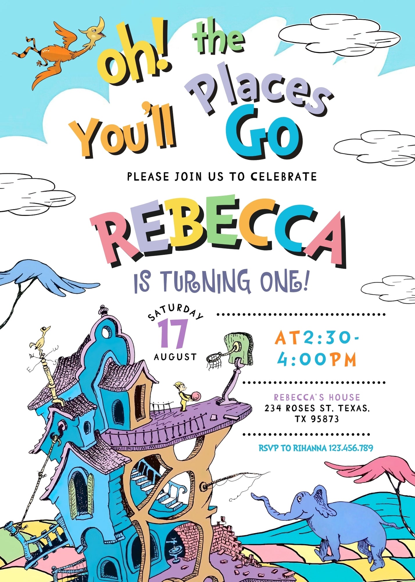 Dr Seuss Oh, the Places You'll Go customizable invitation template | Share or Print | WM241