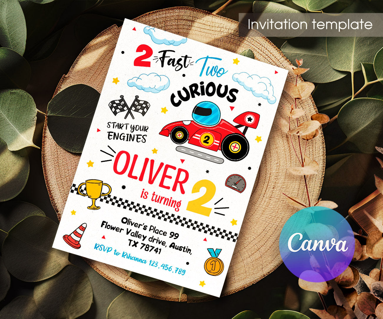 Race Car 2nd Bday Watercolor customizable invitation template | Share or Print | boy | VR352