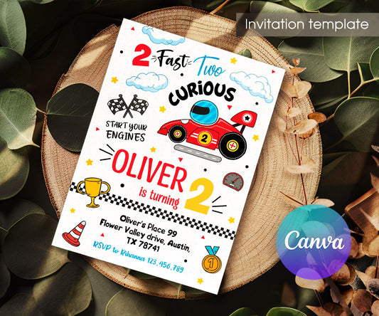 Race Car 2nd Bday Watercolor customizable invitation template | Share or Print | boy | VR352