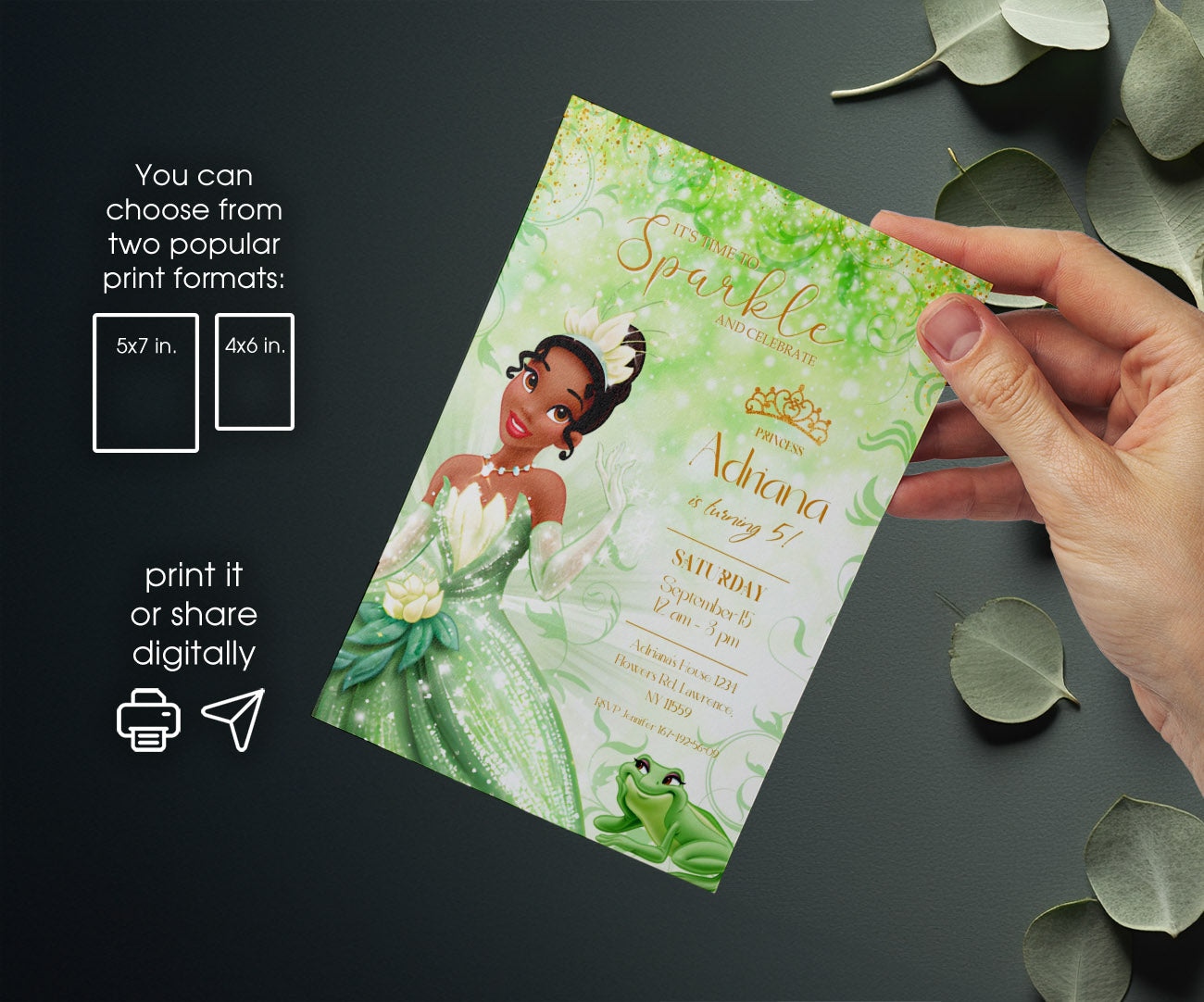 Tiana Frog Princess customizable invitation template | Share or Print | girl | PL139
