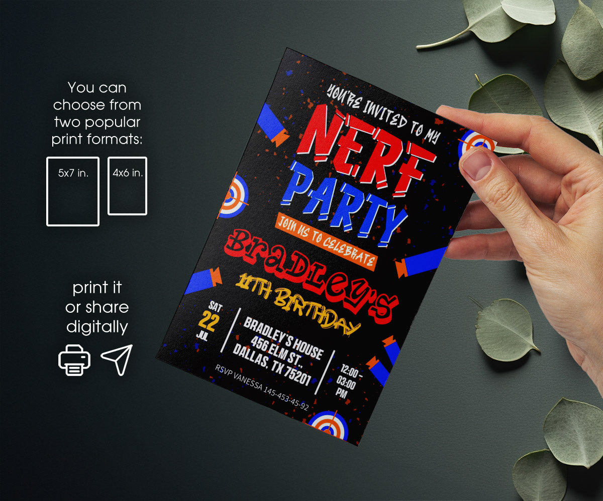 NERF Dart Wars customizable invitation template | Share or Print | boy | EY032