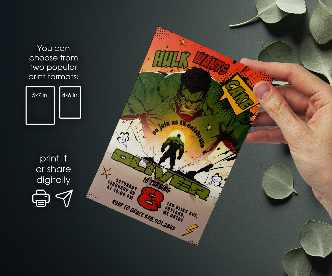 Hulk The Avengers Marvel Superhero customizable invitation template | Share or Print | boy | BB652