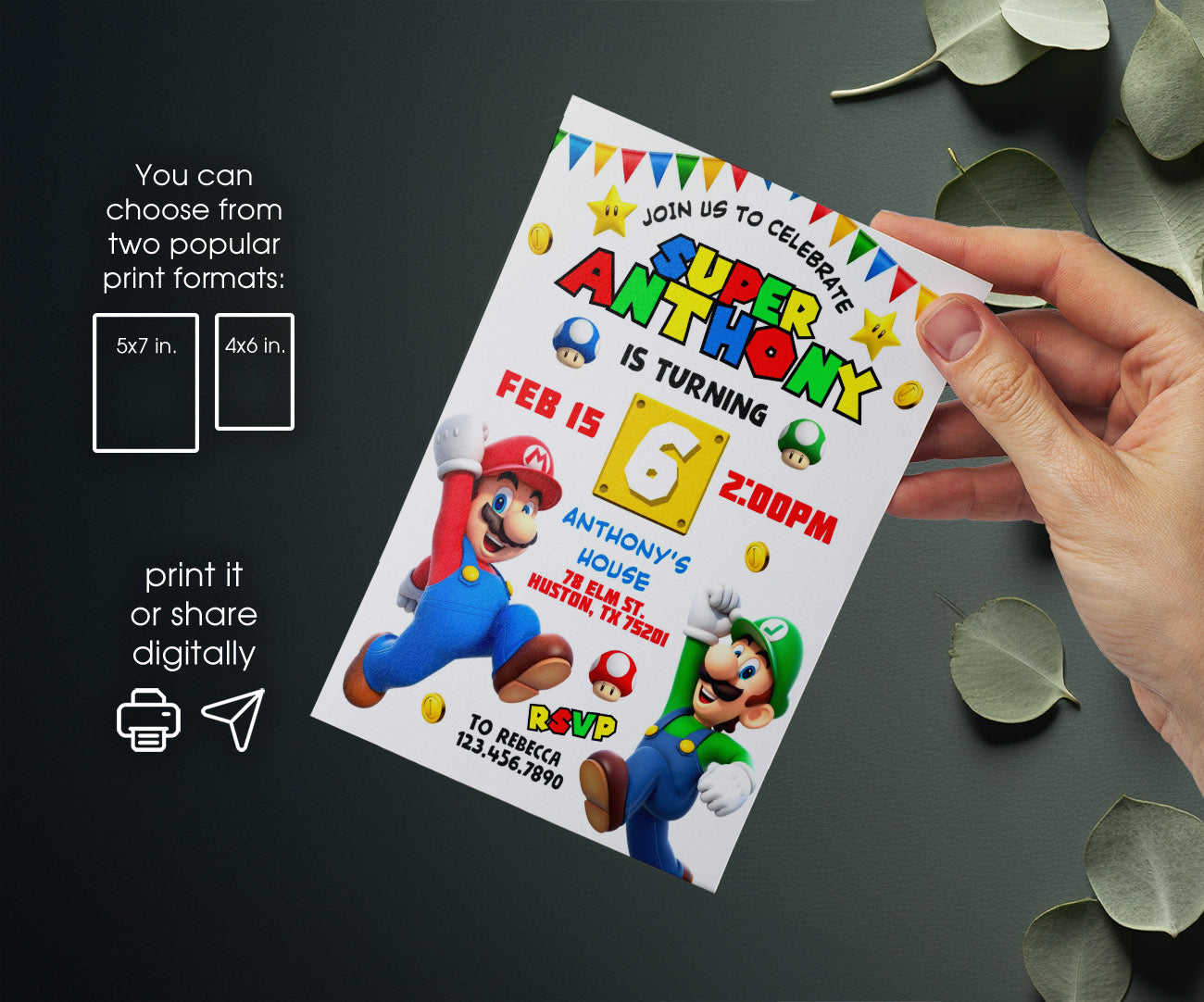 Super Mario Bros customizable invitation template | Share or Print | EB738