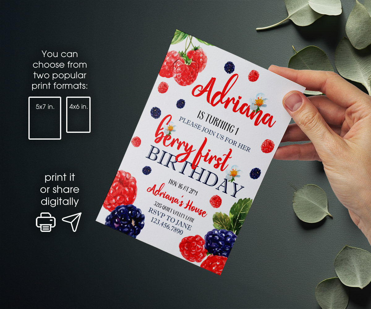 Berry First Birthday customizable invitation template | Share or Print | girl | KL922