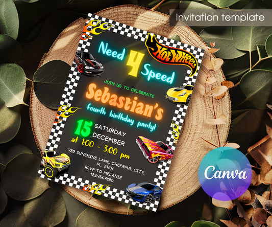 Hot Wheels Need Four Speed customizable invitation template | Share or Print | boy | GD860