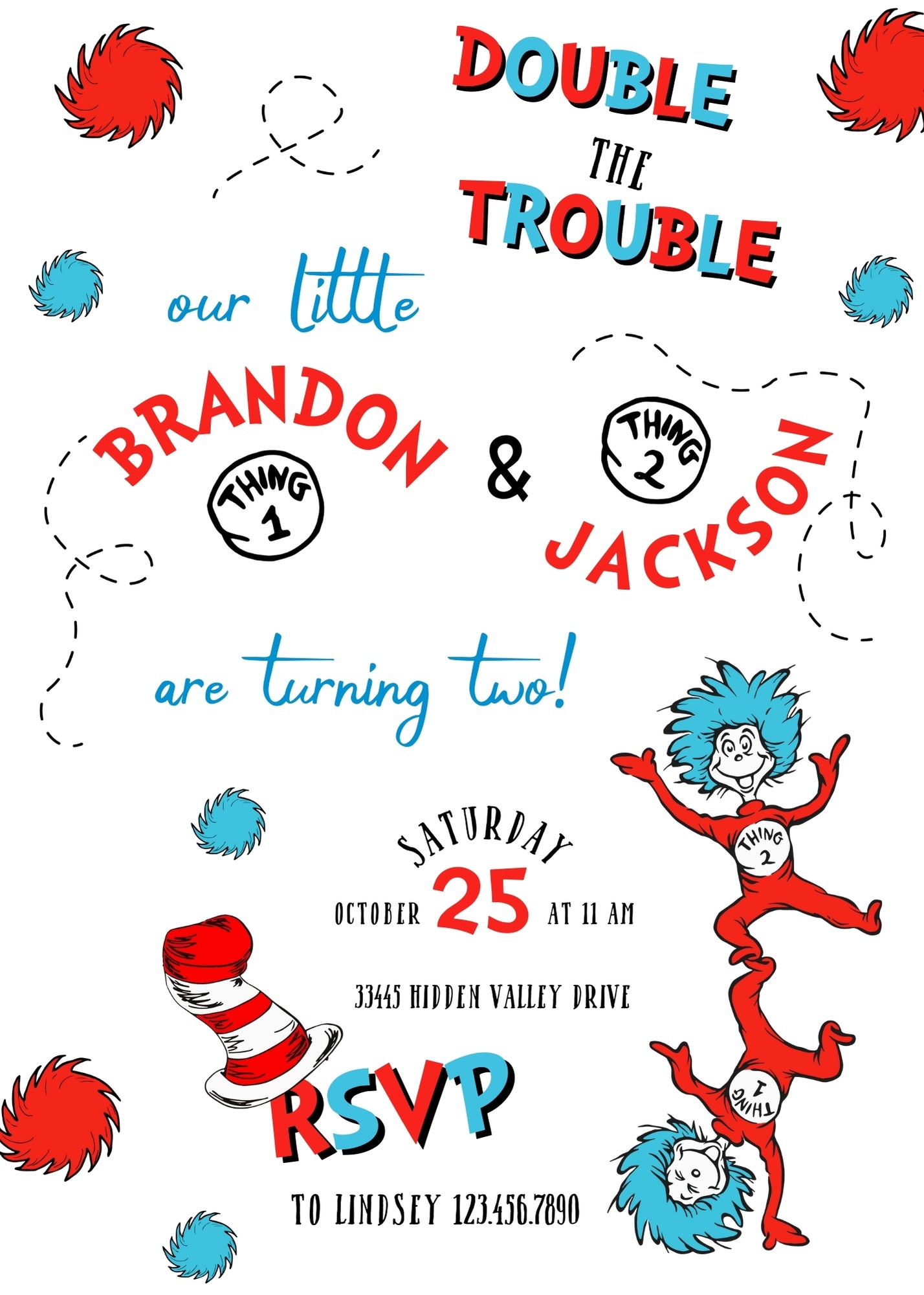 Dr Seuss The Cat in the Hat Twins customizable invitation template | Share or Print | RX346