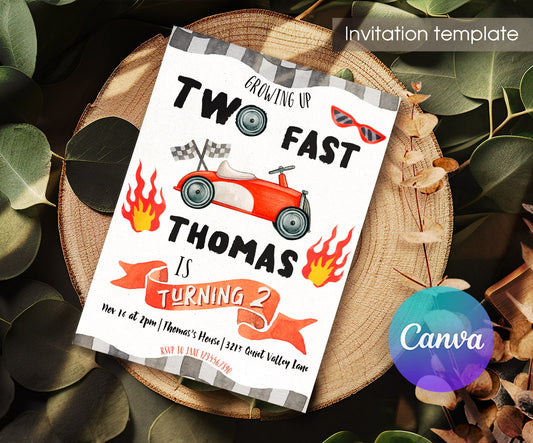 Race Car 2nd Bday Watercolor customizable invitation template | Share or Print | boy | RB042