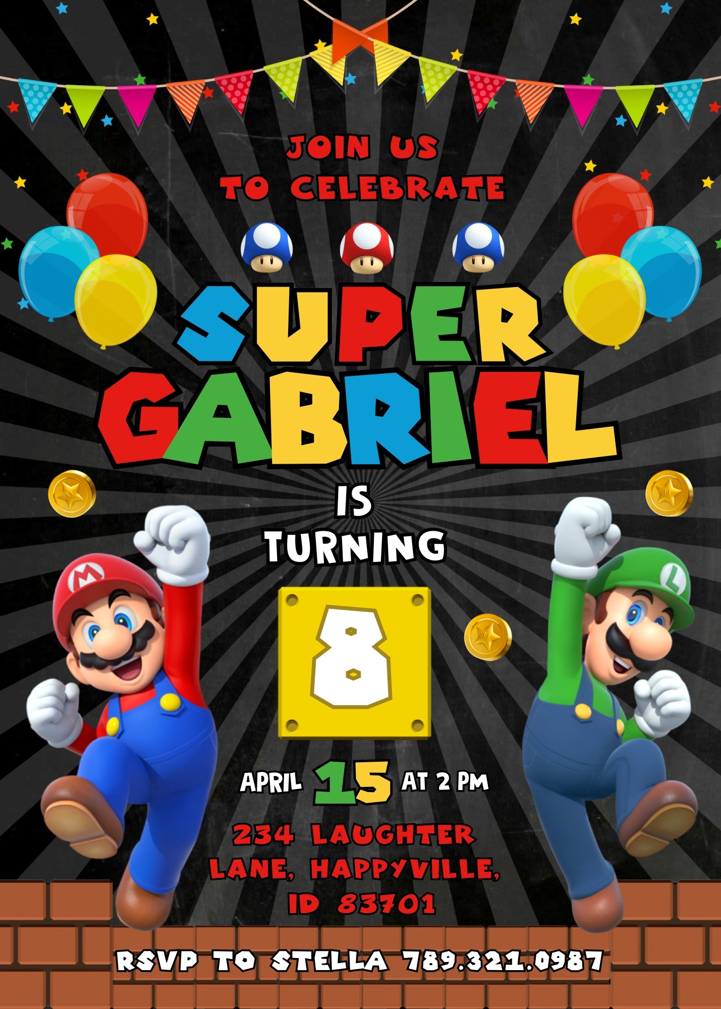 Super Mario Bros customizable invitation template | Share or Print | ZZ321