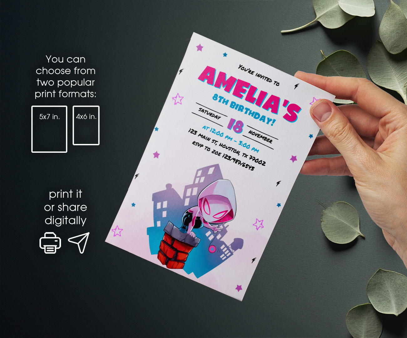 Spider Gwen Ghost Spidey customizable invitation template | Share or Print | girl | TZ135