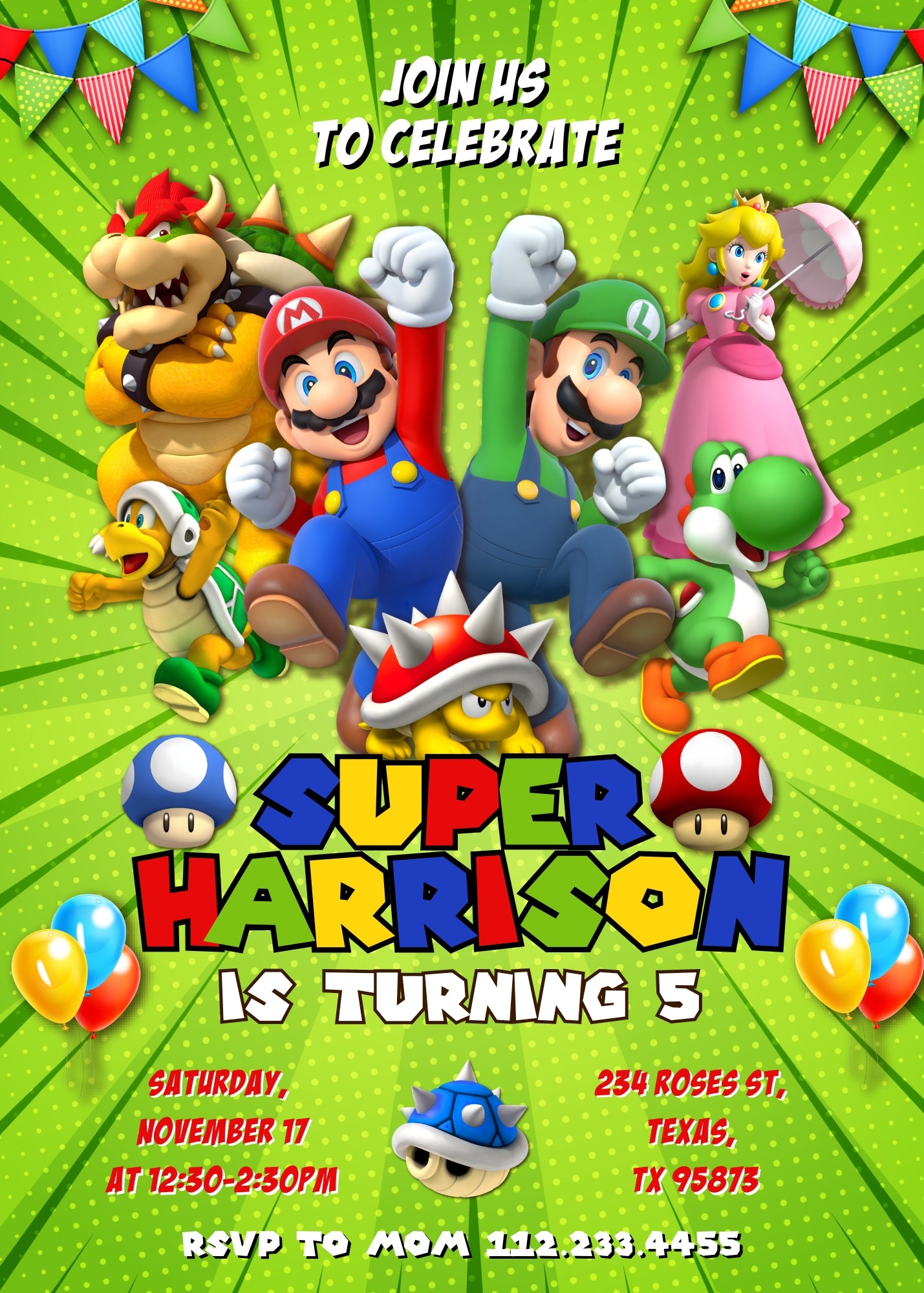 Super Mario Bros customizable invitation template | Share or Print | BD431