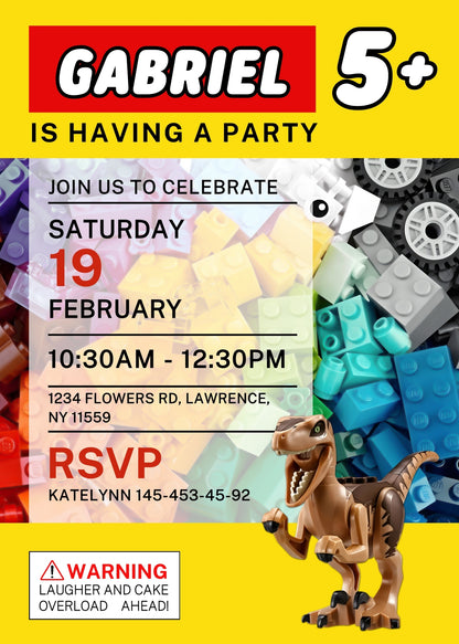 Lego Dinosaur T-Rex customizable invitation template | Share or Print | FG130