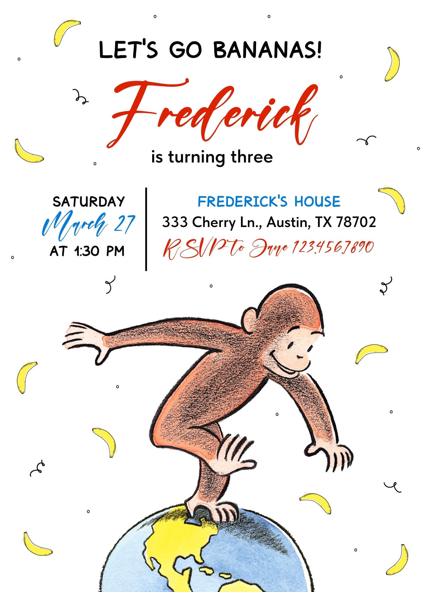 Curious George Monkey customizable invitation template | Share or Print | DU790