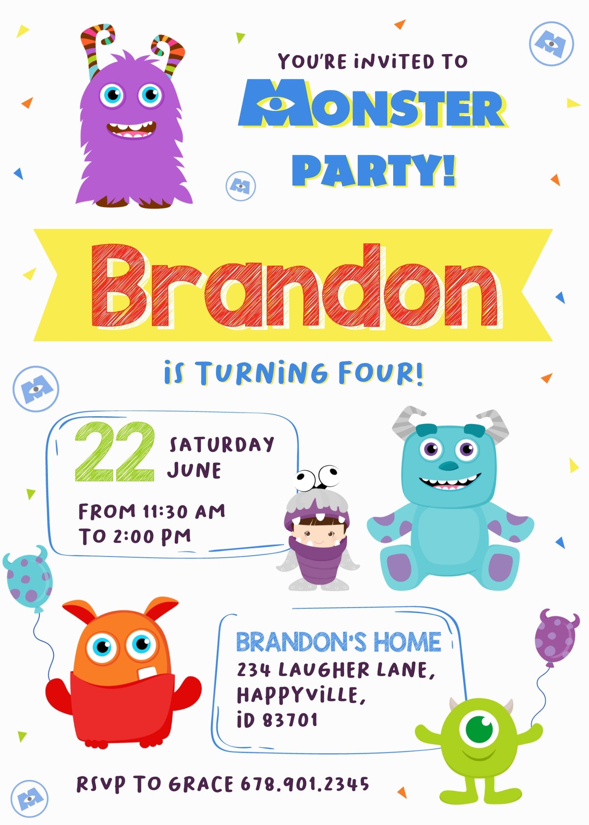 Monsters, Inc. customizable invitation template | Share or Print | VG783