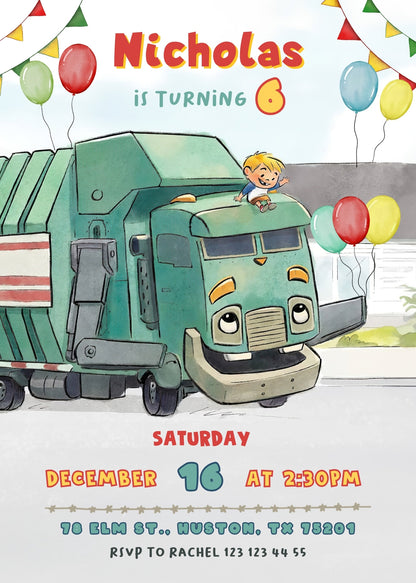 Trash Green Truck customizable invitation template | Share or Print | SQ961