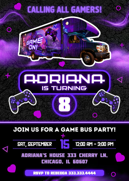 Video Game Bus Gamer customizable invitation template | Share or Print | boy | FD827
