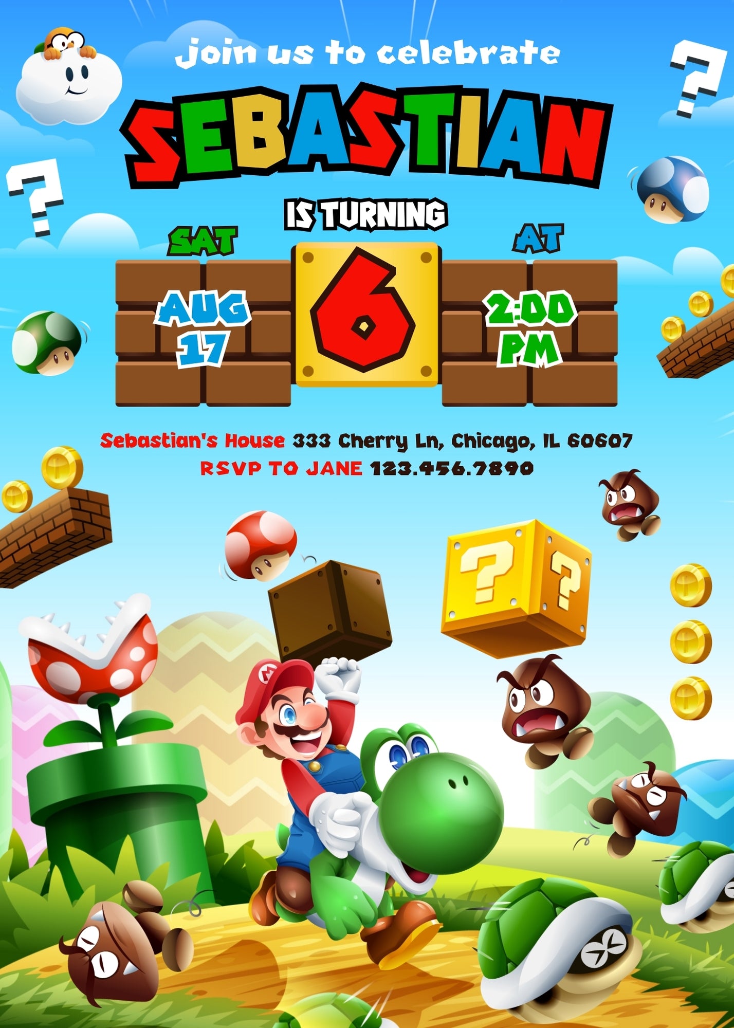 Super Mario Bros customizable invitation template | Share or Print | TX962