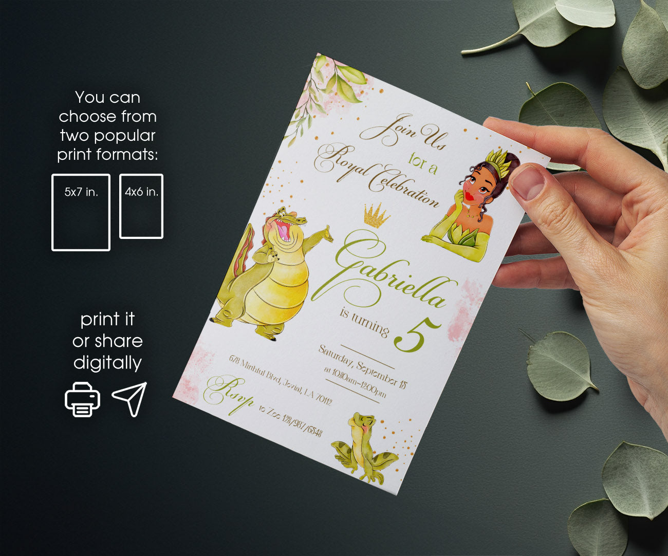 Tiana Frog Princess customizable invitation template | Share or Print | girl | PX113