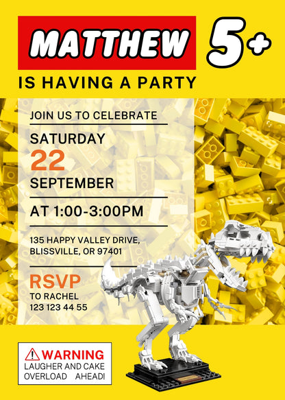 Lego Dinosaur T-Rex customizable invitation template | Share or Print | WE614