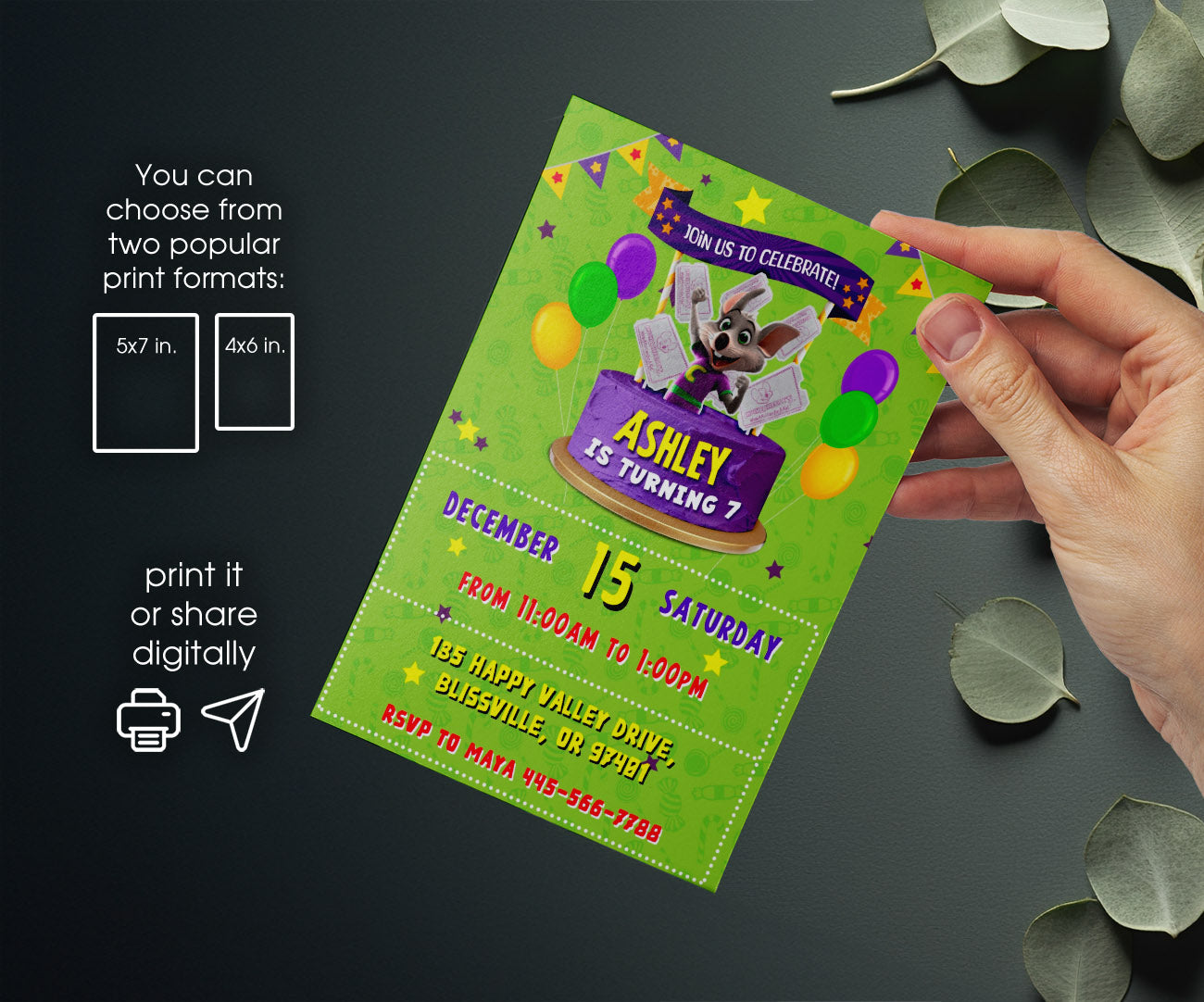 Chuck E. Cheese customizable invitation template | Share or Print | YJ841