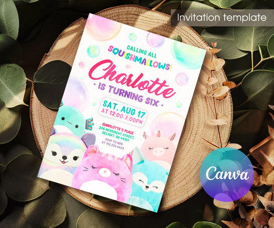 Squishmallows customizable invitation template | Share or Print | LO024