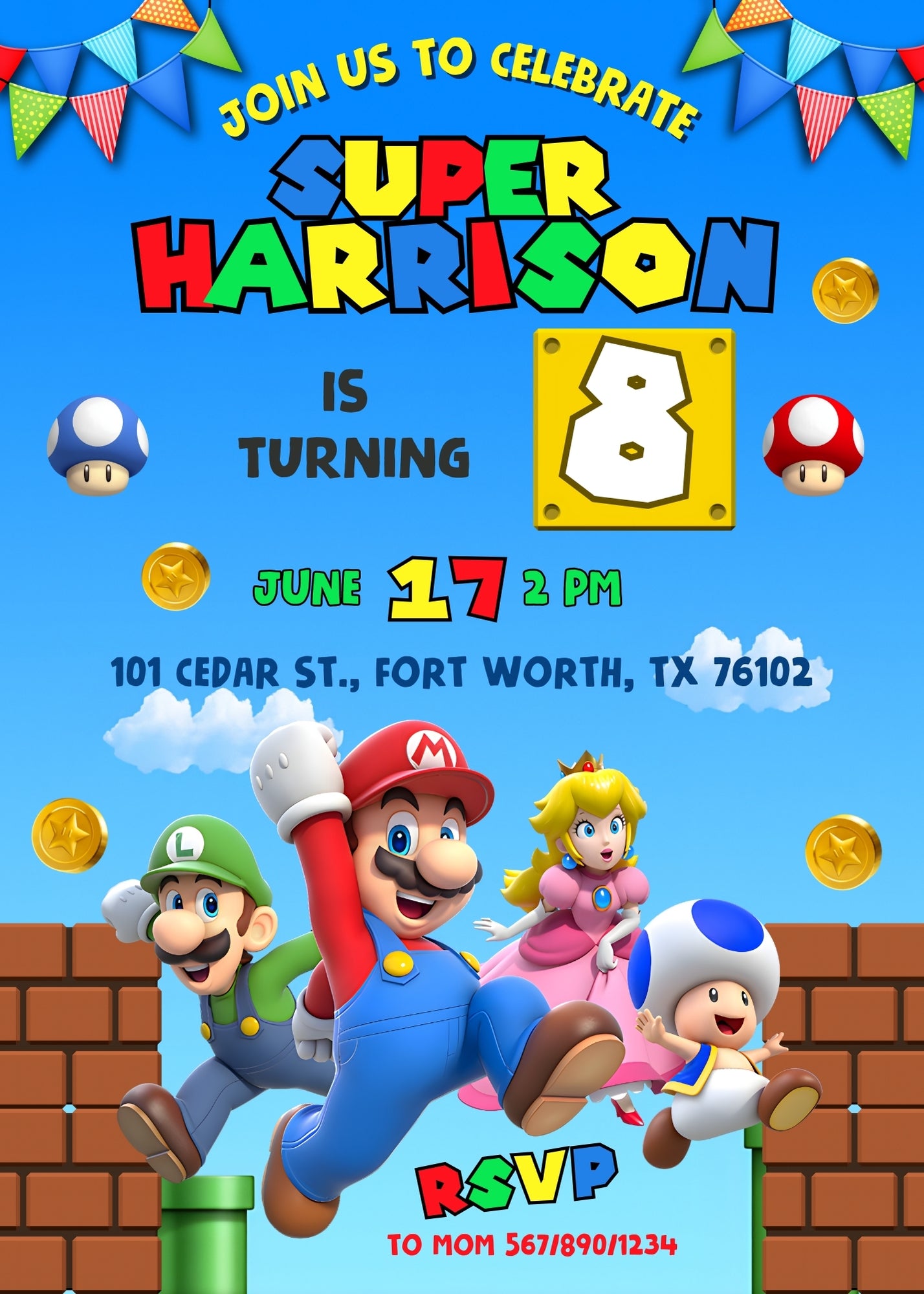 Super Mario Bros customizable invitation template | Share or Print | ZJ638