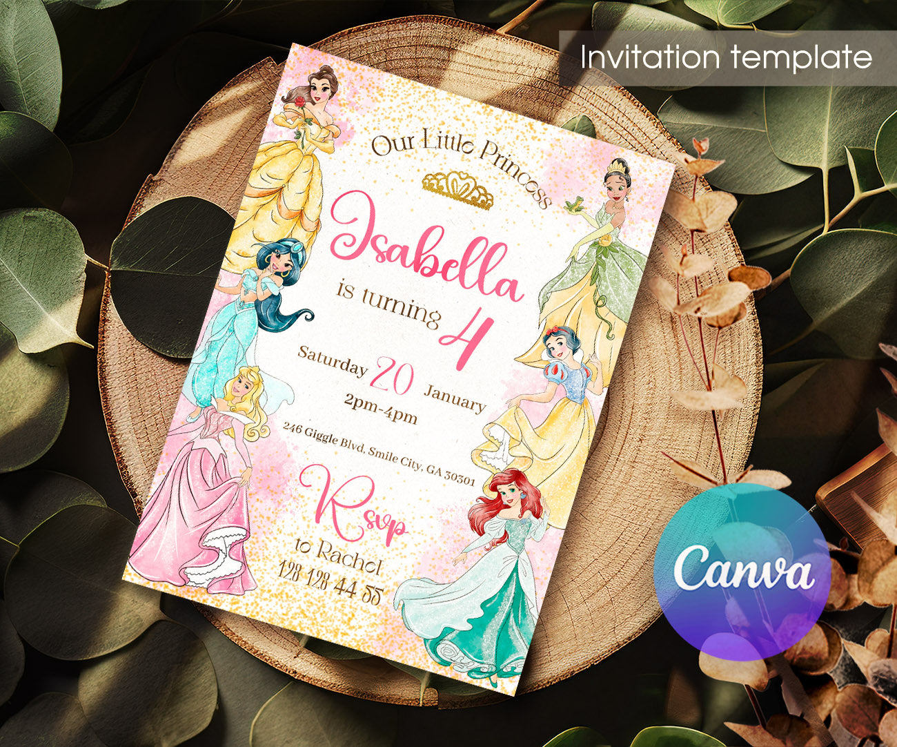 Disney Princess customizable invitation template | Share or Print | girl | QA348