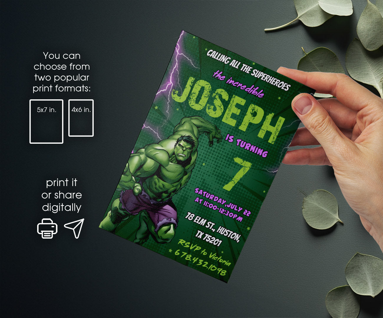 Hulk The Avengers Marvel Superhero customizable invitation template | Share or Print | boy | YR077