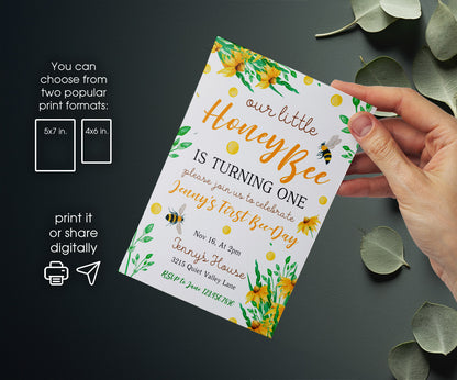 1st Bee Day Party customizable invitation template | Share or Print | JQ779