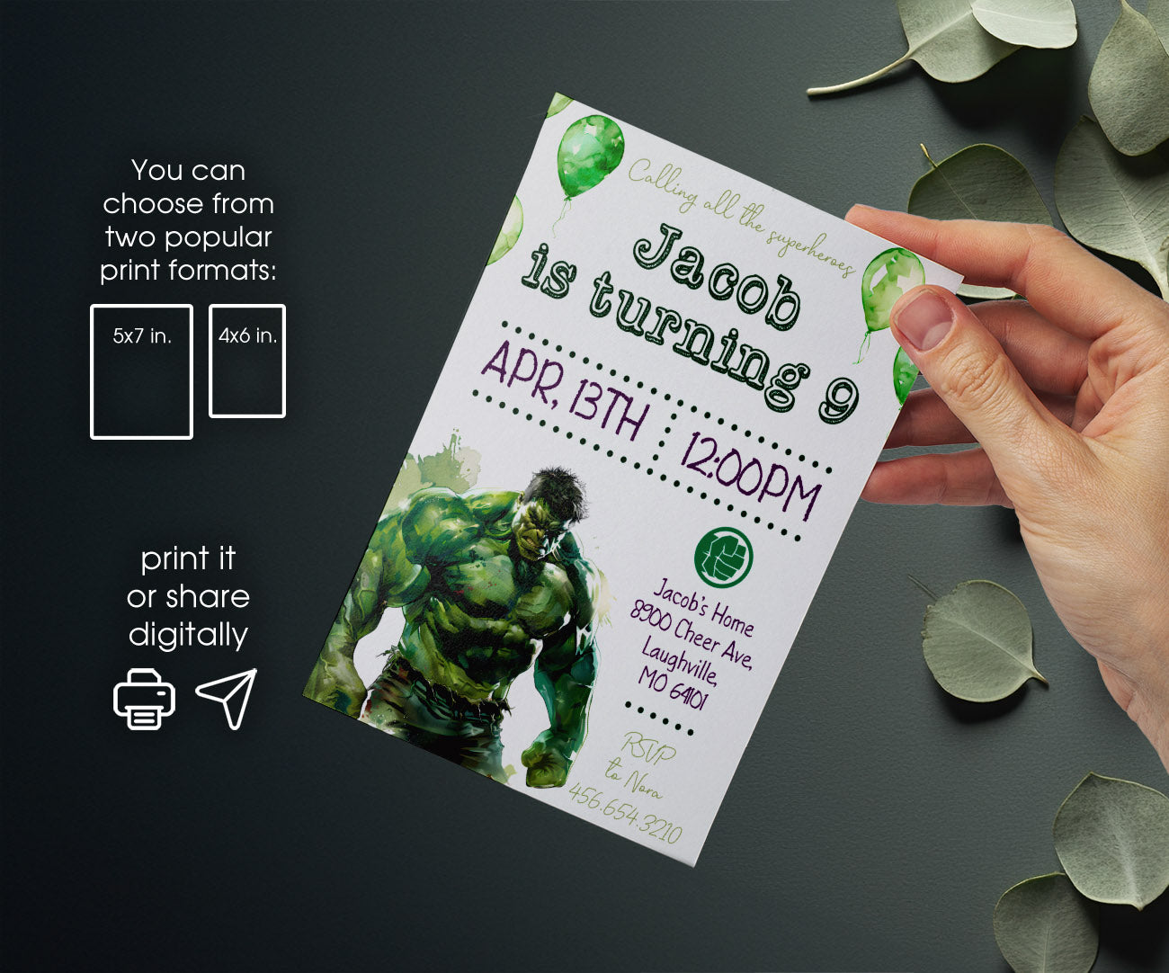 Hulk The Avengers Marvel Superhero customizable invitation template | Share or Print | boy | GF473