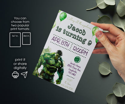 Hulk The Avengers Marvel Superhero customizable invitation template | Share or Print | boy | GF473