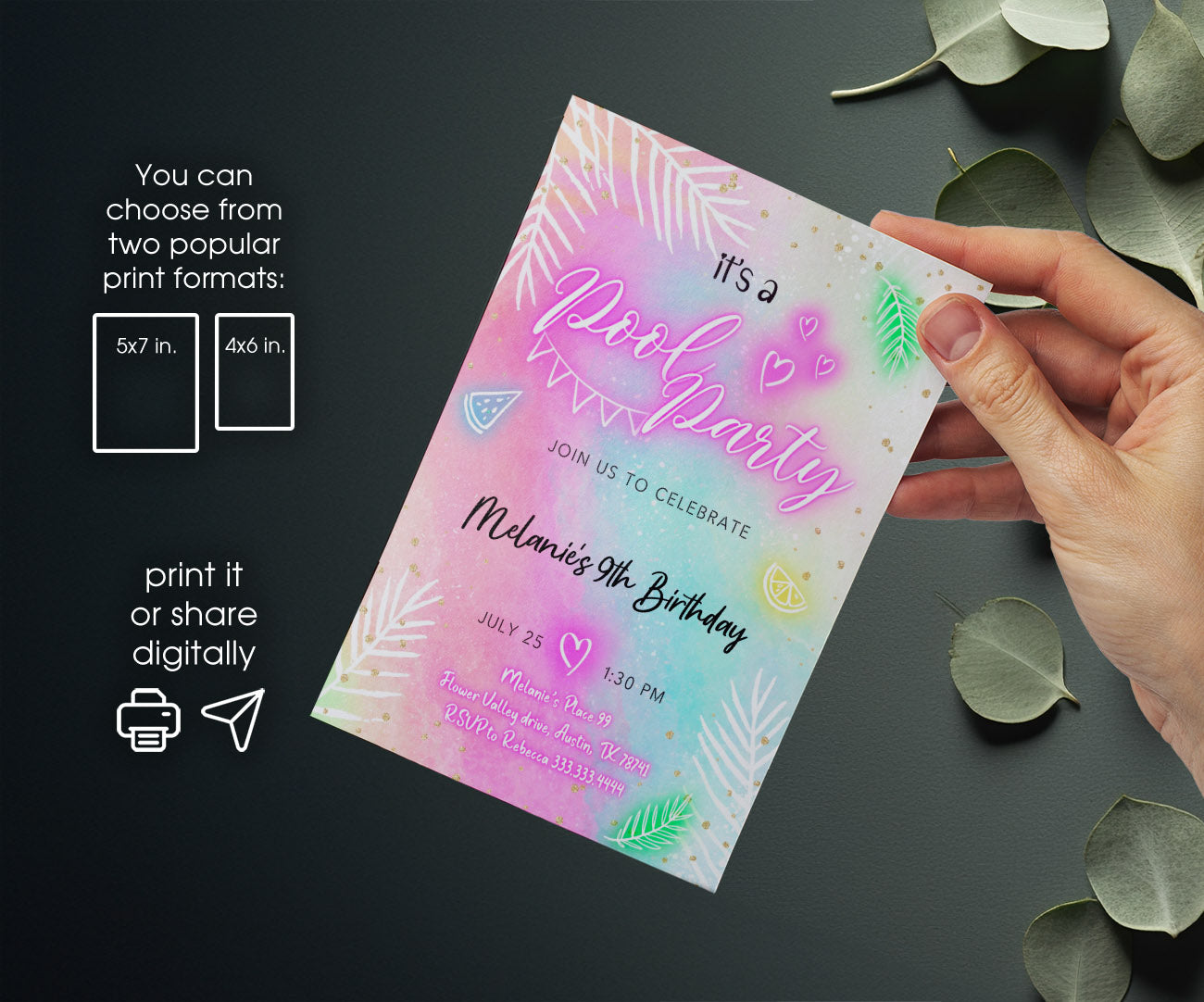 Pool Party customizable invitation template | Share or Print | girl | PI663