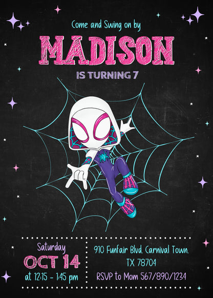Spider Gwen Ghost Spidey customizable invitation template | Share or Print | girl | WB823
