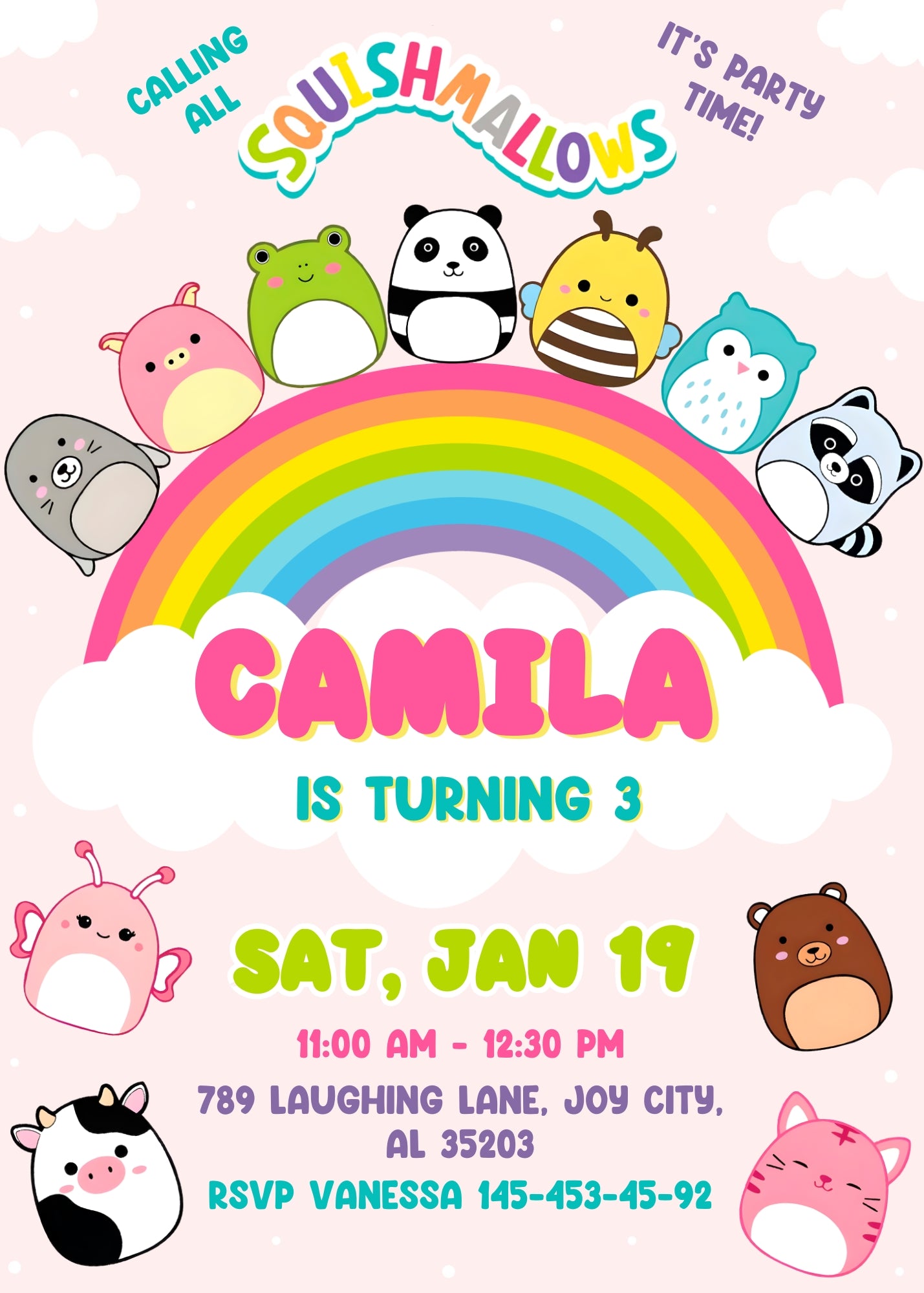 Squishmallows customizable invitation template | Share or Print | XJ381