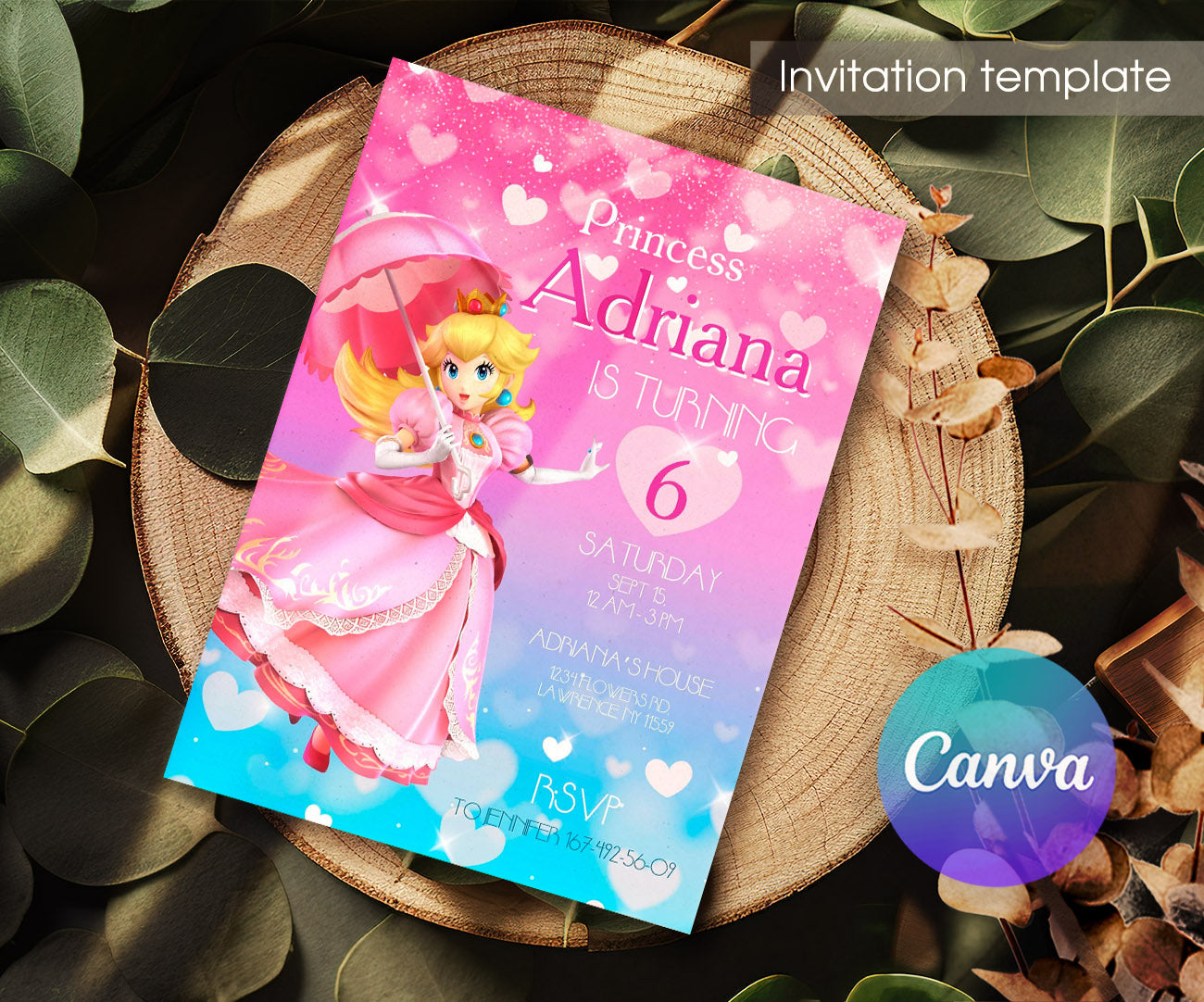 Super Mario Bros Princess Peach customizable invitation template | Share or Print | ZD818