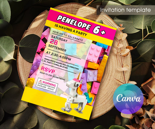 Lego Magical Unicorn customizable invitation template | Share or Print | girl | IB034