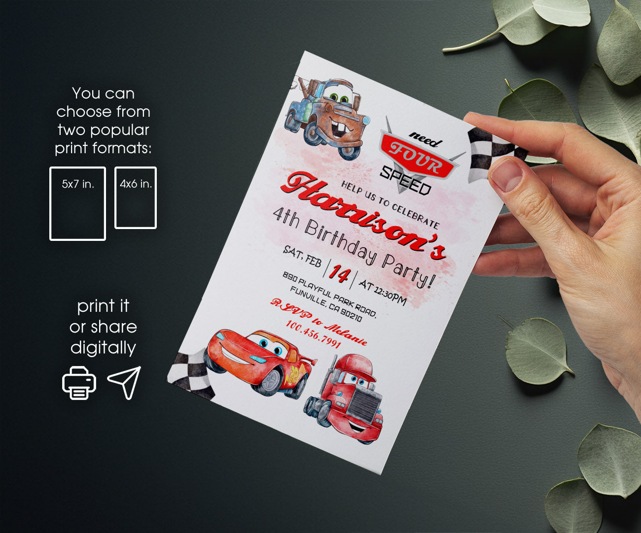 Cars Lightning Mcqueen Four customizable invitation template | Share or Print | boy | QR035