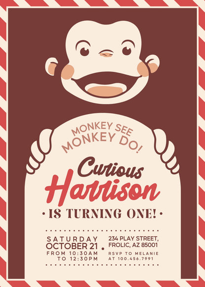 Curious George Monkey customizable invitation template | Share or Print | JD203