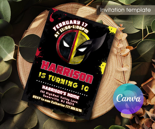 Deadpool Wolverine Marvel customizable invitation template | Share or Print | boy | TU310