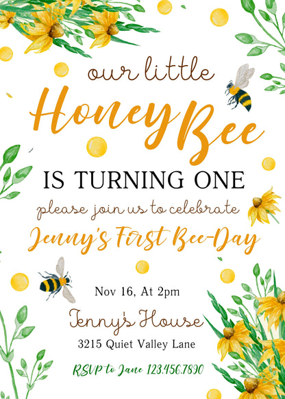 1st Bee Day Party customizable invitation template | Share or Print | JQ779