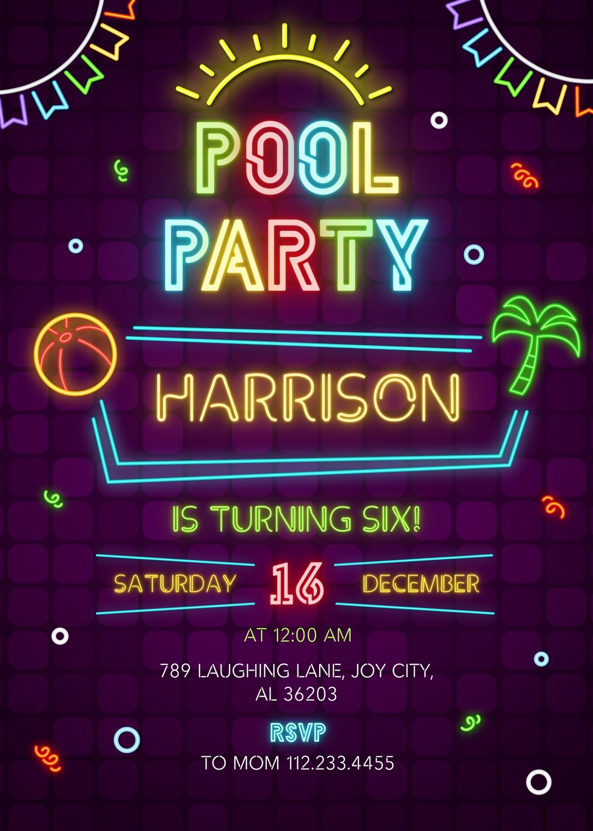 Neon Pool Party customizable invitation template | Share or Print | boy | BG932