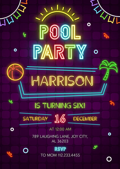Neon Pool Party customizable invitation template | Share or Print | boy | BG932