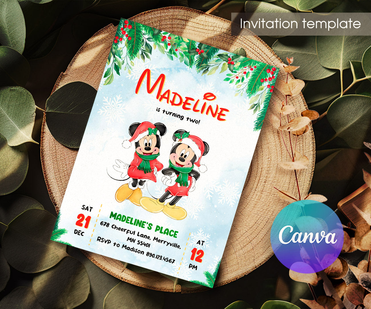 Mickey Mouse Christmas customizable invitation template | Share or Print | DM083