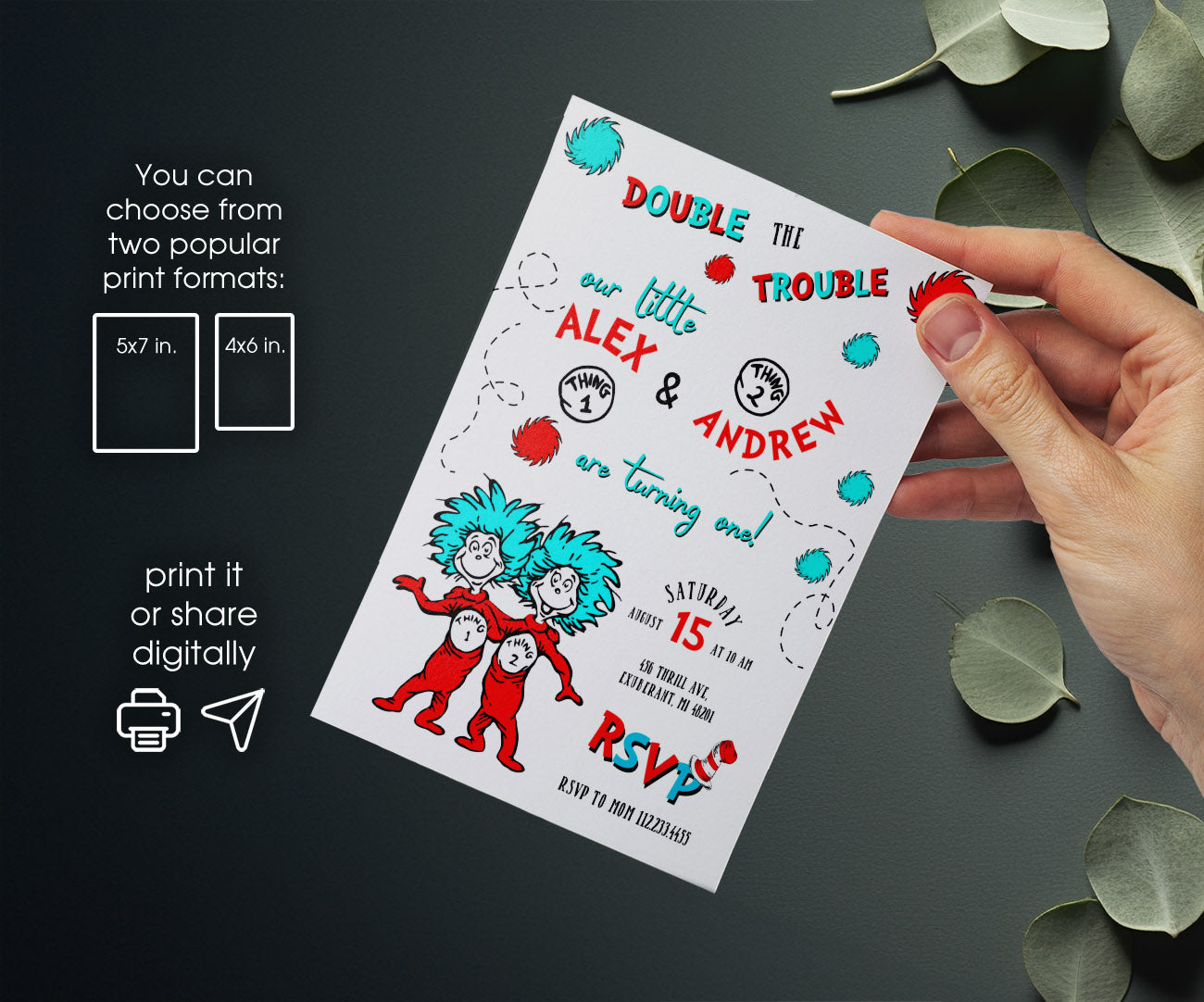 Dr Seuss The Cat in the Hat Twins customizable invitation template | Share or Print | SB665
