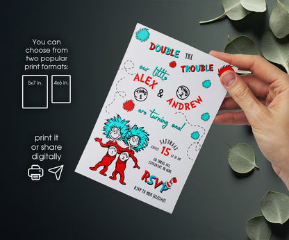 Dr Seuss The Cat in the Hat Twins customizable invitation template | Share or Print | SB665