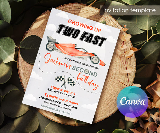 Race Car 2nd Bday Watercolor customizable invitation template | Share or Print | boy | SY090