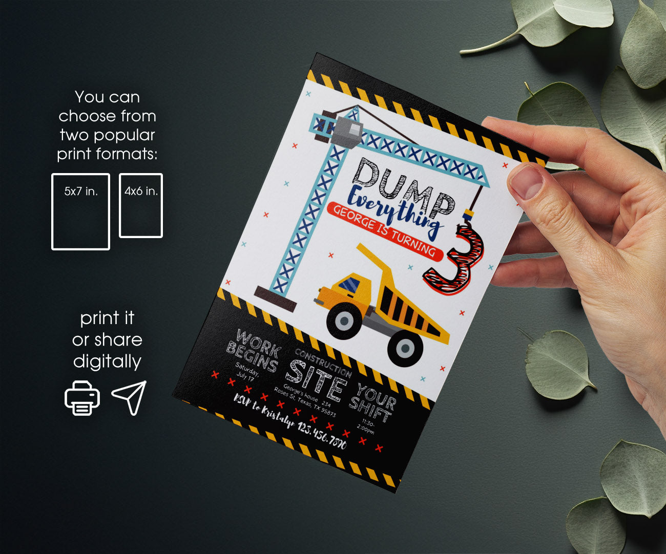 Dump Truck Construction customizable invitation template | Share or Print | boy | SE124
