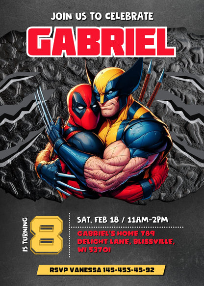 Deadpool Wolverine Marvel customizable invitation template | Share or Print | boy | UX788