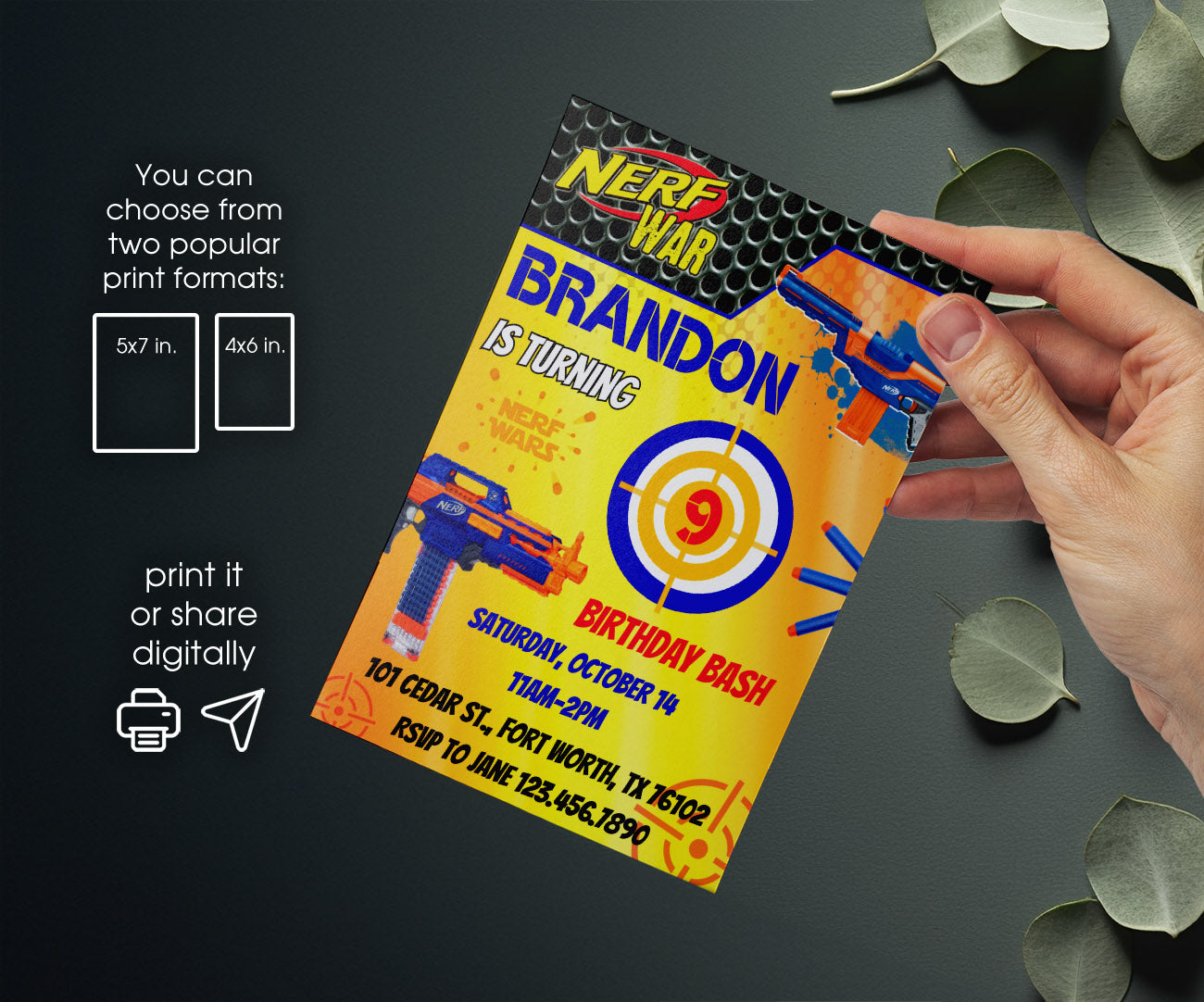 NERF Dart Wars customizable invitation template | Share or Print | boy | LG681