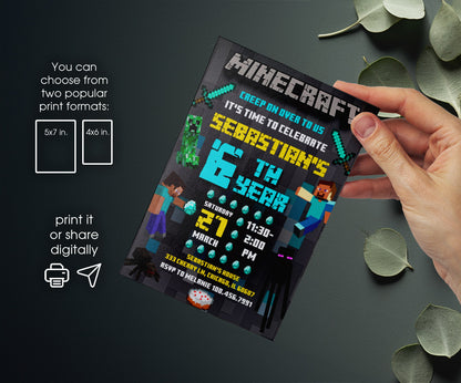 Minecraft Gamer customizable invitation template | Share or Print | PX097