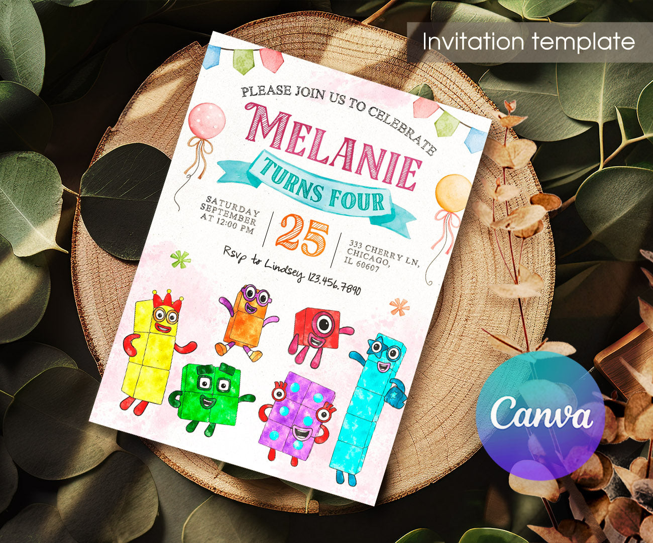 Numberblocks customizable invitation template | Share or Print | BH381